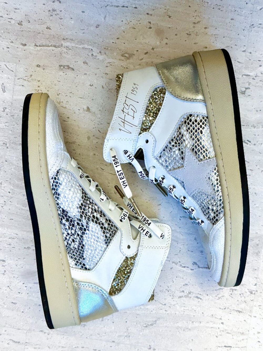 Vintage Havana High Top Fashion Sneakers - White Snakeskin Gold Glitter 6 - 6.5